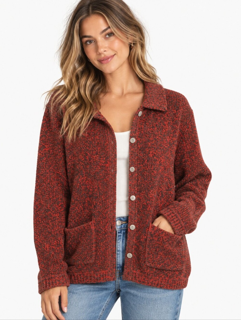 Vintage South Bay XL Red Marled Knit Collared Cardigan Sweater Y2K